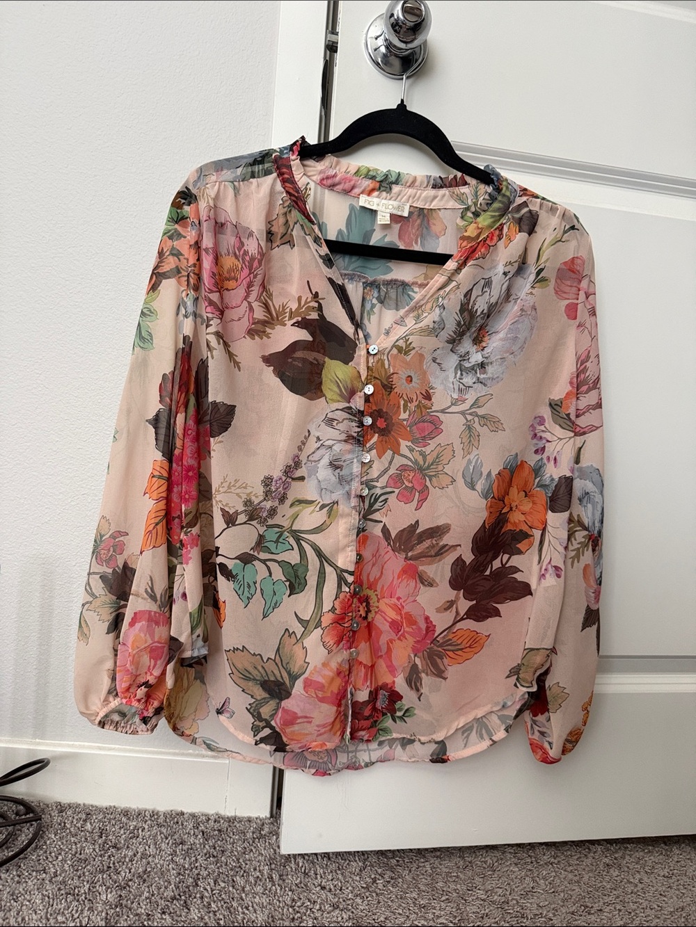 fig and flower Blush Floral V-Neck Button Blouse